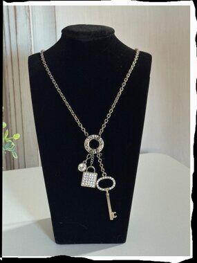 Guess  Gold Tone  Logo Lock-Key Pave Charm Necklace